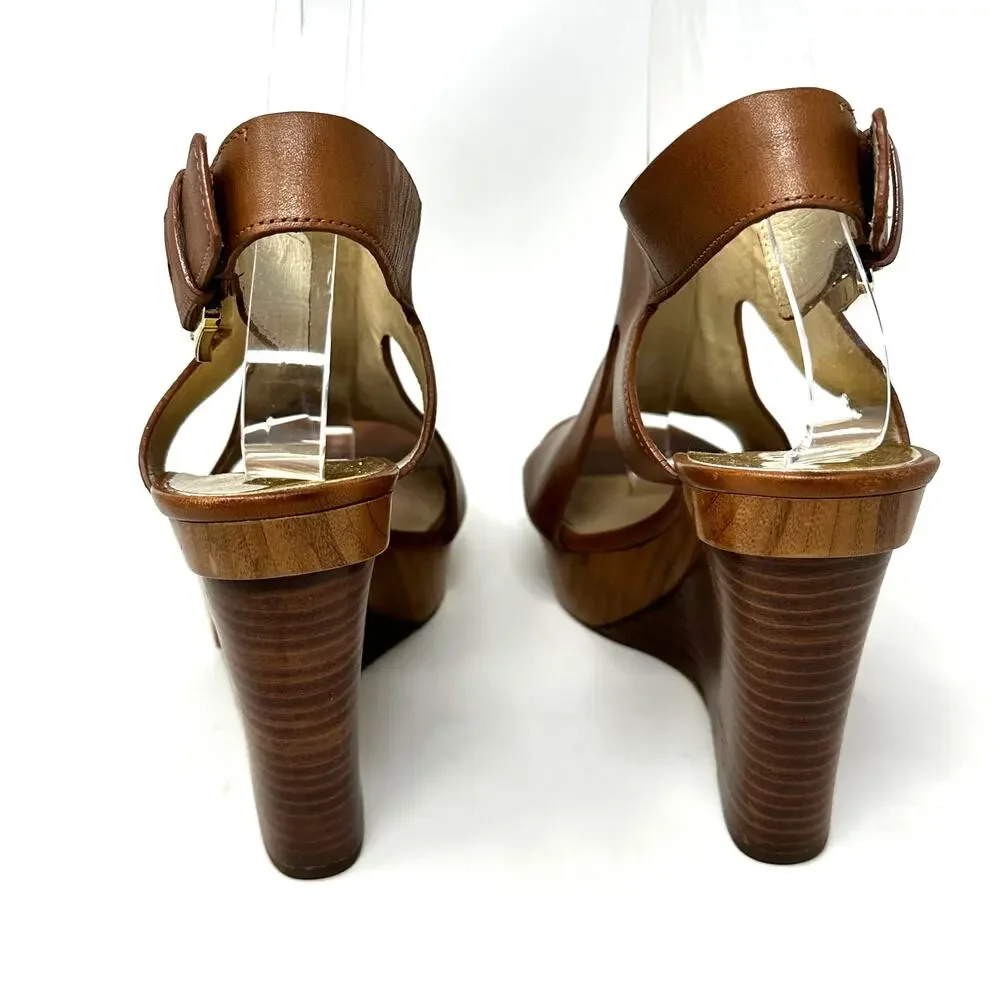 MICHAEL Michael Kors Leather Platform Wedge Sandals Brown Size 7M